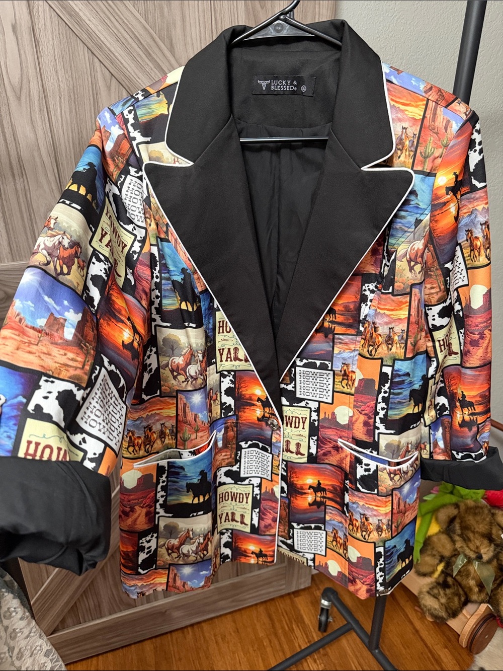 Women’s Lucky & Blessed Western Cowboy Print Blazer Howdy Y’all